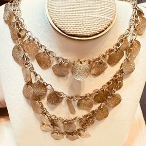 Gold Tone 4 Strand Layered Bib Necklace w/Several Round Discs per Layer